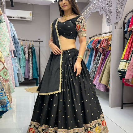 Aastha Fashion Black Roman Silk Embroidery Thread / Zari / Sequence Work Semi Stitched Wedding Wear Lehenga Choli