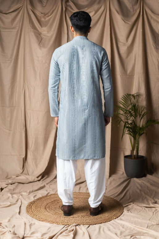 Light Blue Rayon Thread Embroidery Work Kurta Set - Mahotsav