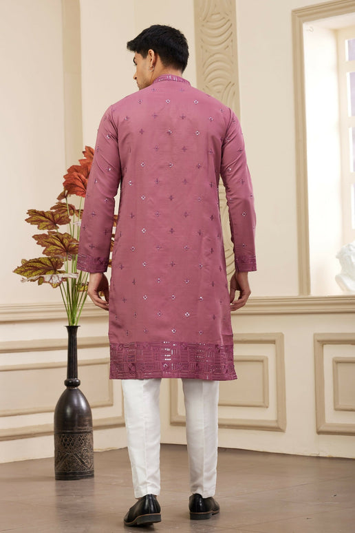 Raivat Ethnic Men's Art Silk Thread Work Kurta Pyjama In Mauve Colour
