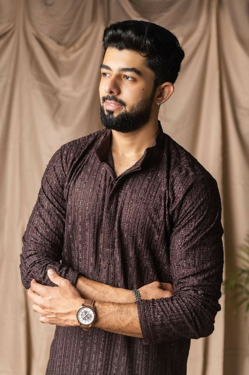 Dark Brown Rayon Thread Embroidery Work Kurta Set - Mahotsav