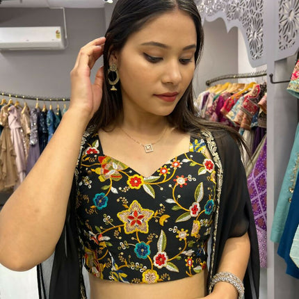 Aastha Fashion Black Heavy Georgette Pleated Semi Stitched Wedding Wear Lehenga Choli