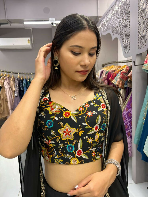 Aastha Fashion Black Heavy Georgette Pleated Semi Stitched Wedding Wear Lehenga Choli