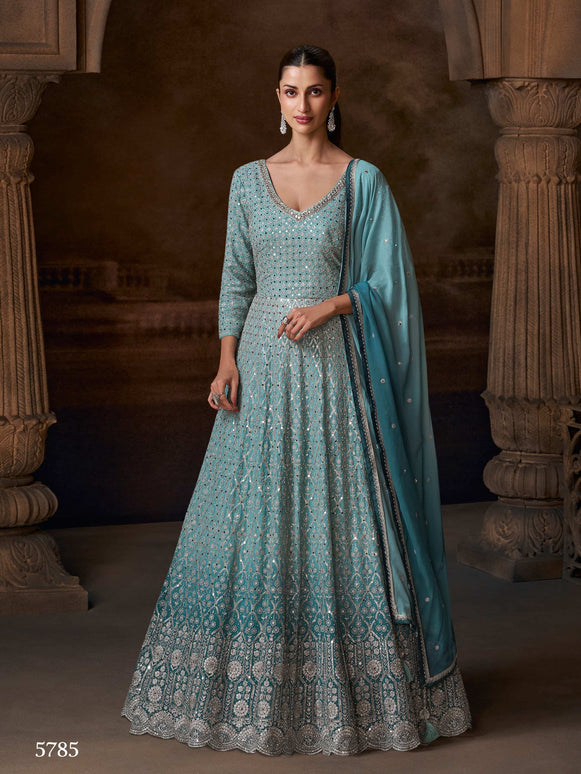 Aarshi Fashions Light Blue Georgette Heavy Embroidery Wedding Gown