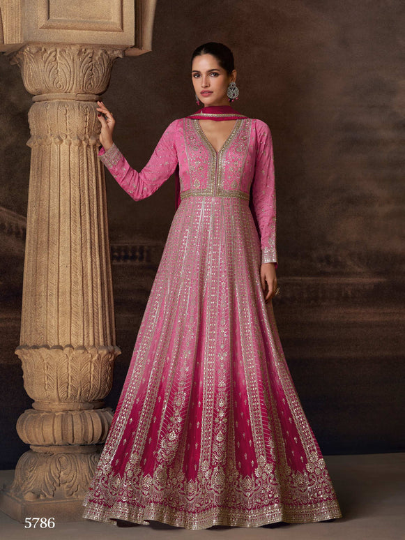 Aarshi Fashions Light Pink Georgette Heavy Embroidery Wedding Gown