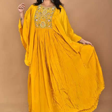 Morchari Kaftan Zari Embroidery Work Gown-Yellow