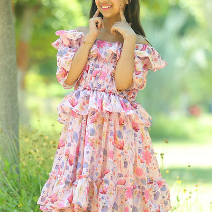 LH Luxury Fashion Glam Tiered Dress – Elegant Floral Long Dress for Girls