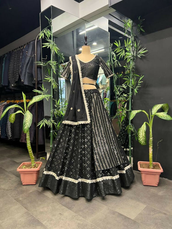 Aastha Fashion Black Heavy Georgette Heavy Embroidery+ Sequence +Ready Lace Semi Stitched Wedding Wear Lehenga Choli