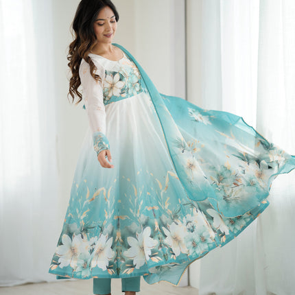 Lorenvalley Fashion Soft Organza Silk Front On Fancy Badla Jari Work Flower Position Print Outing Work Anarkali Kurta Pant With Dupatta Set