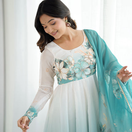 Lorenvalley Fashion Soft Organza Silk Front On Fancy Badla Jari Work Flower Position Print Outing Work Anarkali Kurta Pant With Dupatta Set