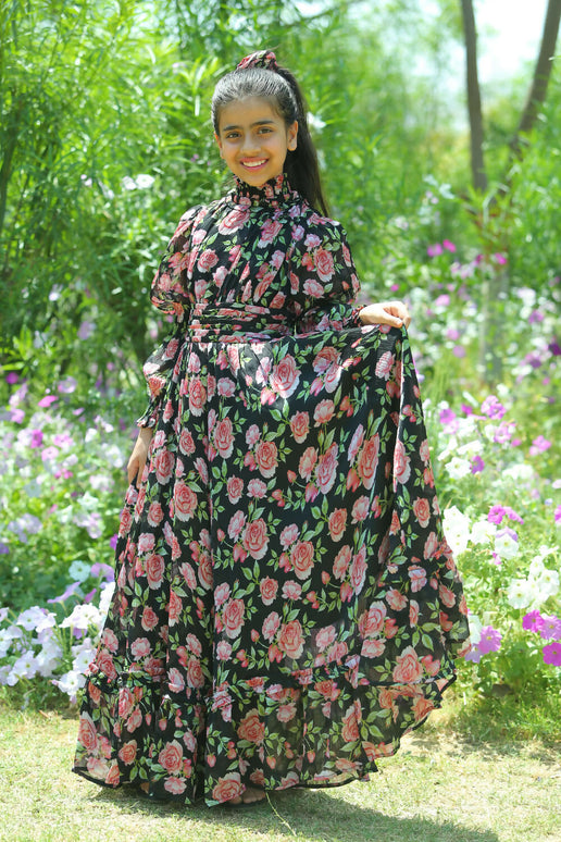 LH Luxury Fashion Runway Rose Long Shirred Dress – Elegant Black Flared Dress for Girls