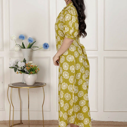 Miravan Women'S Yellow Printed Puff Sleeve Floral Maxi Party Dress