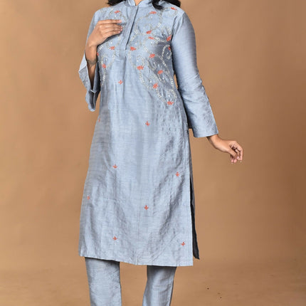 Morchari Women And Hand Embroidery Co-Ord Set-Grey