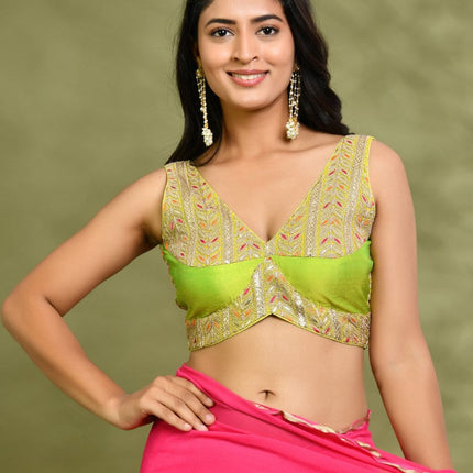 Amodini Designer Studio Lime Green Embroidered Sleeveless Padded Blouse