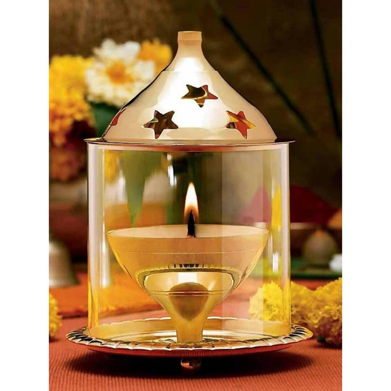 eCraftIndia Brown Brass And Glass Akhand Diya