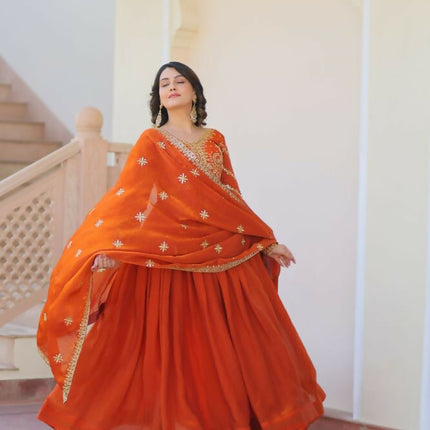 Aastha Fashion Orange Fendy Fabric Zari & Sequins Embroidered work Party Wear Designer Gown