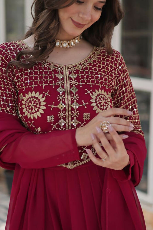 Aastha Fashion Pink Faux Blooming Embroidery Work Party Wear Designer Gown