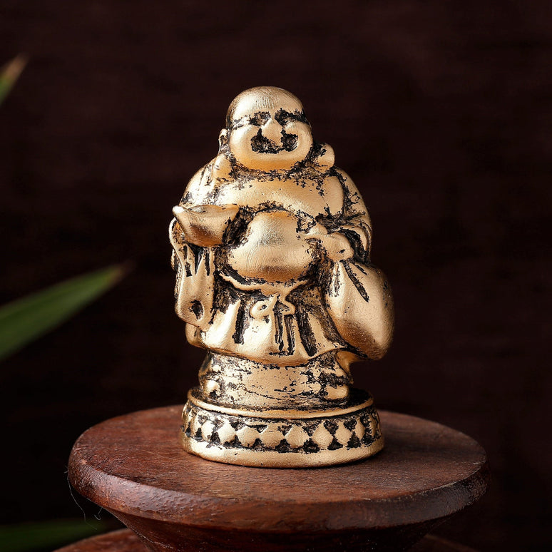 Estele Gold-Polished Laughing Buddha standing statue with Potli showpiece for Perfect Home and Office Décor