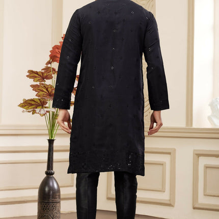 Raivat Ethnic Men's Art Silk Thread Work Kurta Pyjama In Black Colour