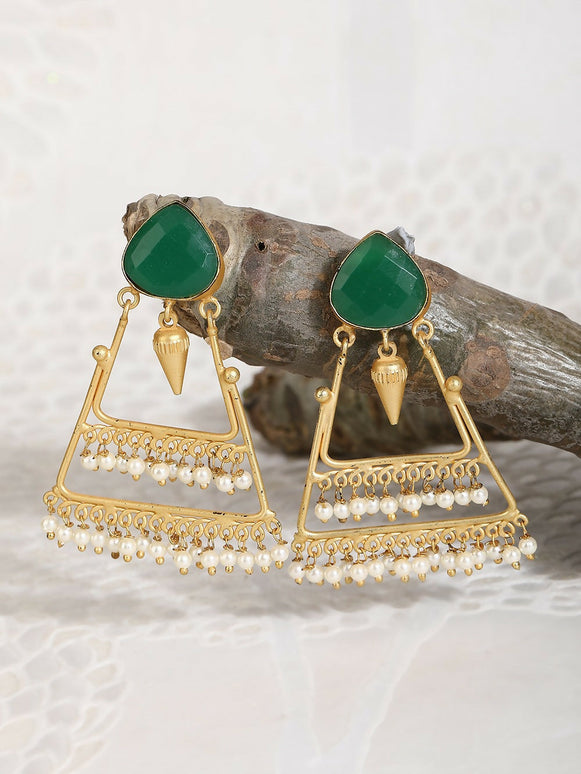 Joban Fashion Women Green Stone Matte Gold Earrings