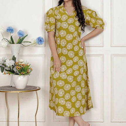 Miravan Women'S Yellow Printed Puff Sleeve Floral Maxi Party Dress