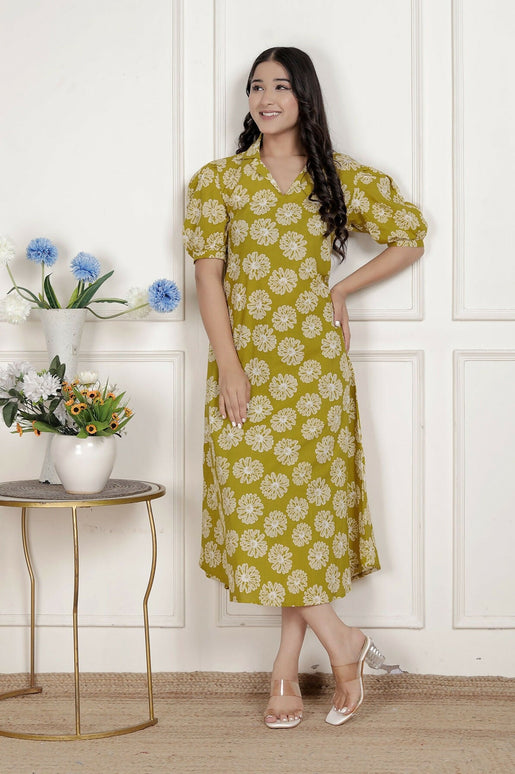 Miravan Women'S Yellow Printed Puff Sleeve Floral Maxi Party Dress