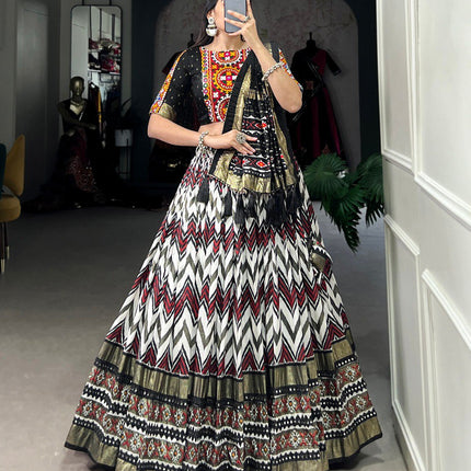 Lorenvalley Tussar Silk Black Leheriya Print with Foil Print and Paper Mirror Work Lace Lehenga Choli with Dupatta