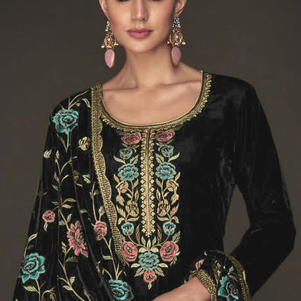 Lorenvalley Fashion Women Black Velvet Embroidered Salwar Suit Material