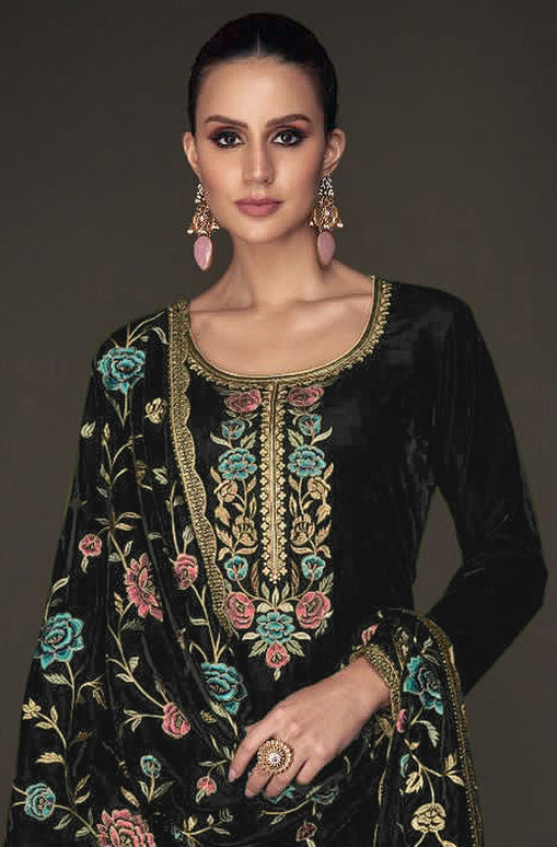 Lorenvalley Fashion Women Black Velvet Embroidered Salwar Suit Material