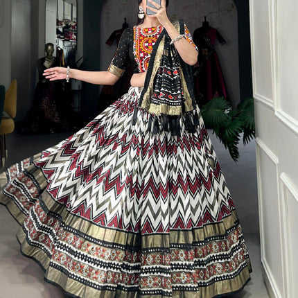 Lorenvalley Tussar Silk Black Leheriya Print with Foil Print and Paper Mirror Work Lace Lehenga Choli with Dupatta