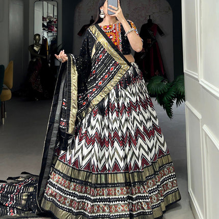 Lorenvalley Tussar Silk Black Leheriya Print with Foil Print and Paper Mirror Work Lace Lehenga Choli with Dupatta