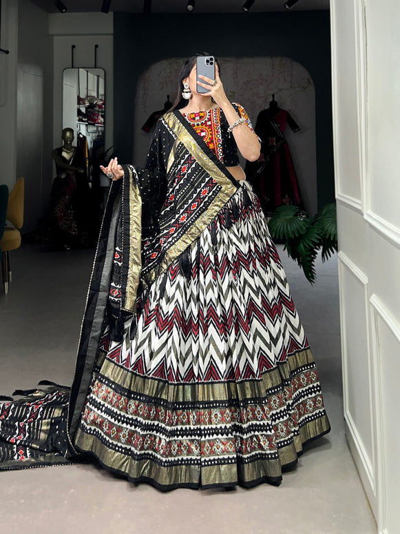 Lorenvalley Tussar Silk Black Leheriya Print with Foil Print and Paper Mirror Work Lace Lehenga Choli with Dupatta