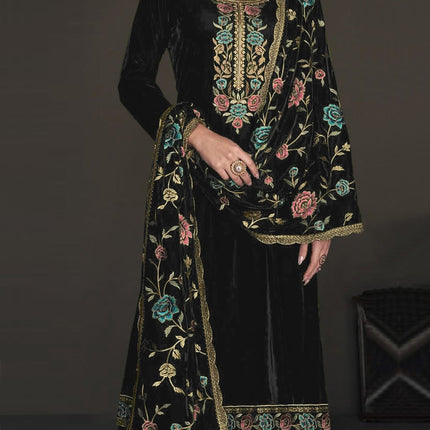 Lorenvalley Fashion Women Black Velvet Embroidered Salwar Suit Material