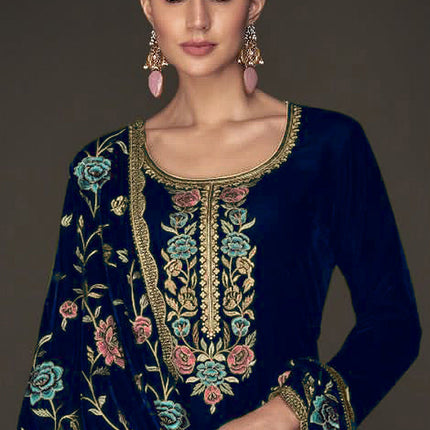 Lorenvalley Fashion Women Blue Velvet Embroidered Salwar Suit Material