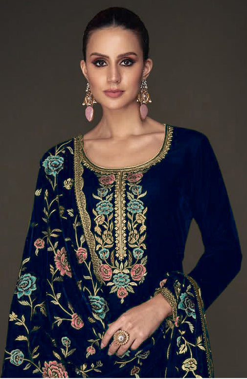Lorenvalley Fashion Women Blue Velvet Embroidered Salwar Suit Material