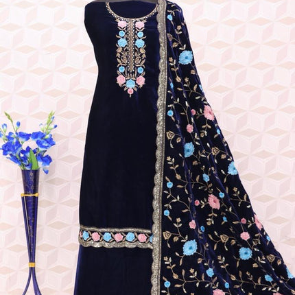 Lorenvalley Fashion Women Blue Velvet Embroidered Salwar Suit Material