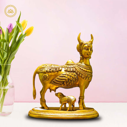 Brass Kamadhenu with Calf Idol - Divine Source of Fulfillment and Nourishment
