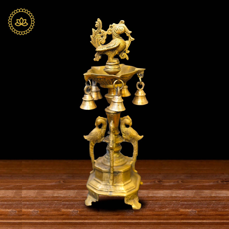 Brass Peacock Diya with Five Oil Wicks and Bells
