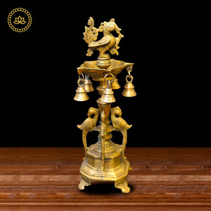 Brass Peacock Diya with Five Oil Wicks and Bells