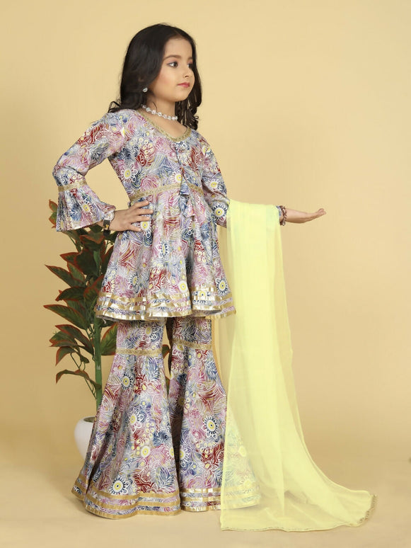 Divine Drape Girls Muslin MultiColour Printed Straight Kids Kurta Sharara With Dupatta