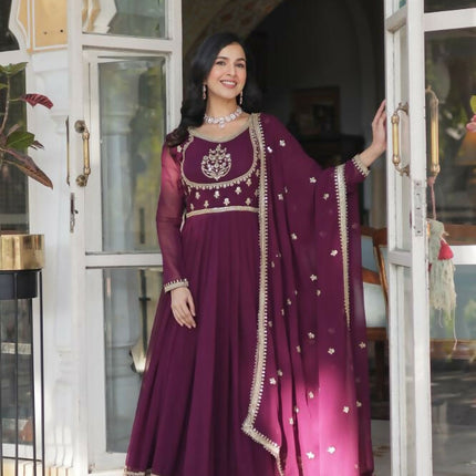 Aastha Fashion Wine Faux Blooming Georgette Sequins Embroidered work Party Wear Designer Gown