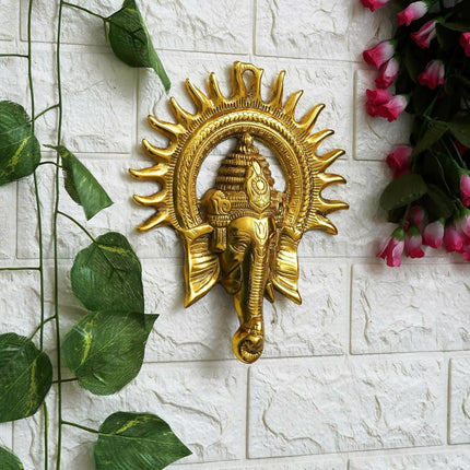 eCraftIndia Golden Lord Ganesha With Sun Decorative Metal Wall Hanging
