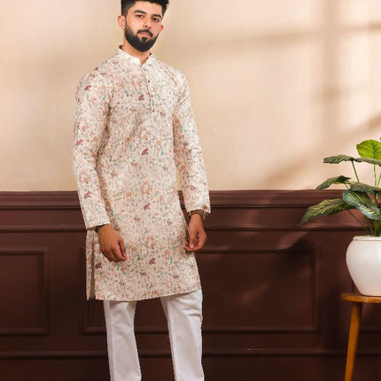 Beige Art Silk Digital Printed, Embroidery Work Kurta Set - Mahotsav