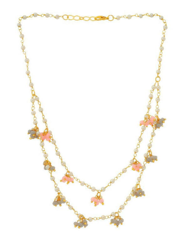 Beaded Pearl Necklace with Grey and Pink Colourful Motifs - Ruby Raang