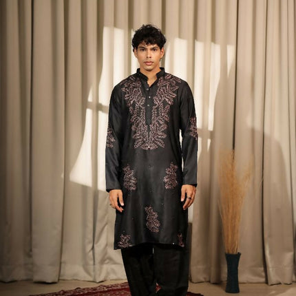 Black Greek Satin Designer Embroidery Work Kurta Set - Mahotsav