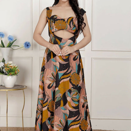 Miravan Womens Black Pure Cotton Floral Printed Sleeveless Cut Out Detail Western Dress