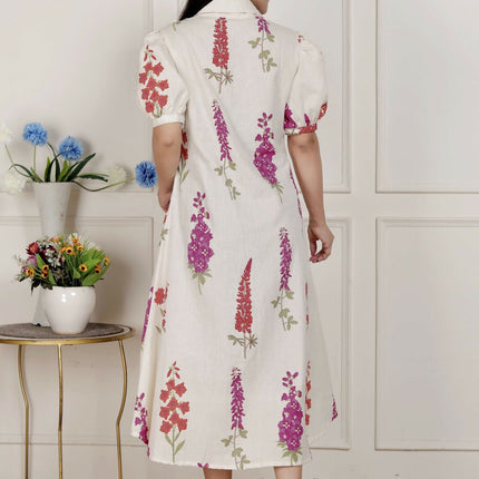 Miravan Womens Off White Flower Printed Cotton Flex Maxi Dress