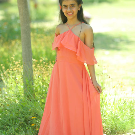 LH Luxury Fashion Lilah Maxi Dress – Elegant Off-Shoulder Ruffled Maxi Dress for Girls