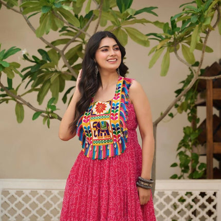 Aastha Fashion Magenta Faux Georgette Bandhani Print Navratri Designer Gown Collection