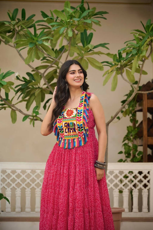 Aastha Fashion Magenta Faux Georgette Bandhani Print Navratri Designer Gown Collection