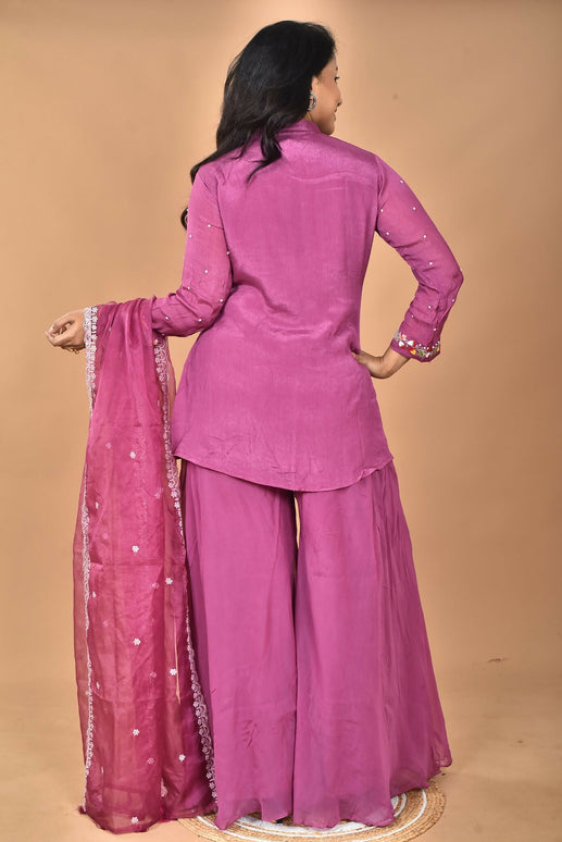 Morchari Women And Hand Embroidery Palazzo Set-Purple